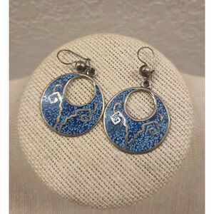 Vintage Taxco Turquoise Inlay Dangle Drop Earrings Mex 925 TR-50